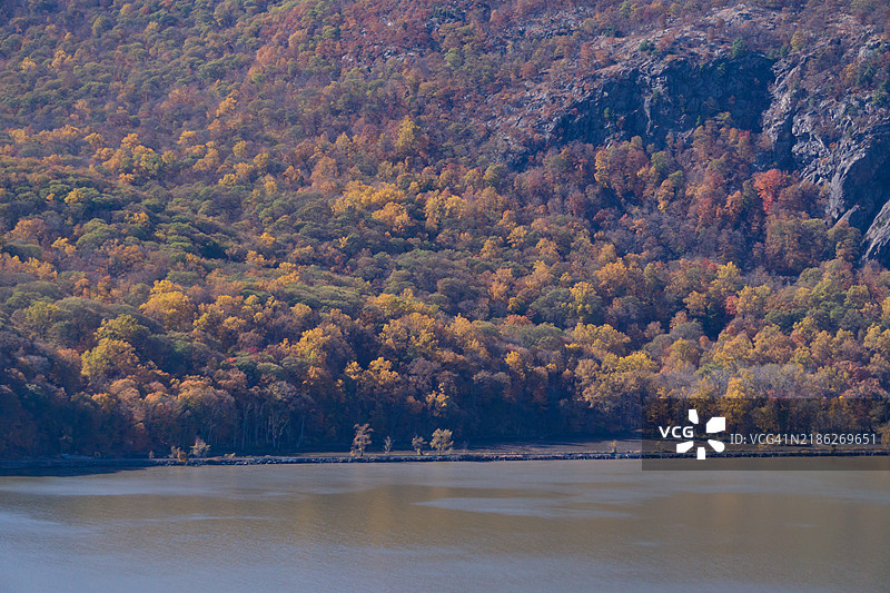 秋季森林中的湖泊美景，冷泉港，纽约，美国图片素材