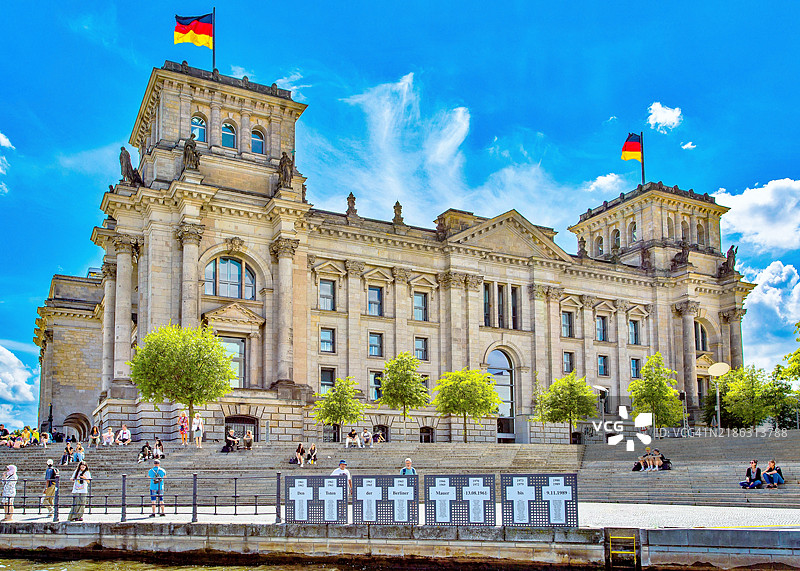 德国国会大厦，德国议会的所在地，建于1894年，1933年和二战期间遭受损坏，1960年代修复，位于德国柏林，欧洲图片素材