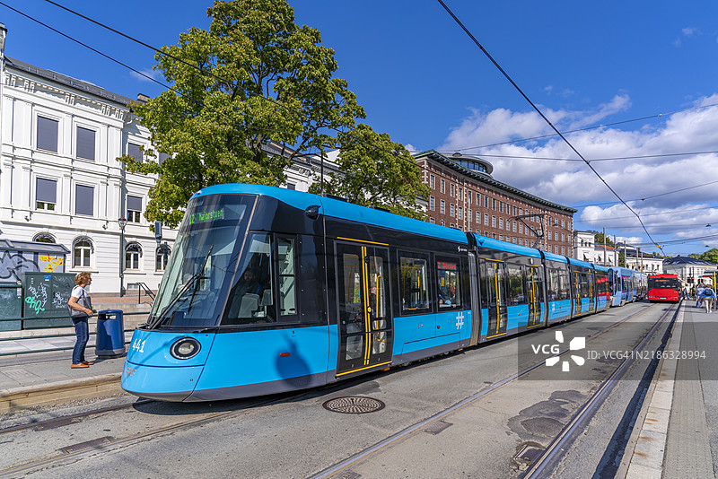 挪威奥斯陆阿克尔布吕gge的亨里克·易卜生街上的城市电车景观图片素材