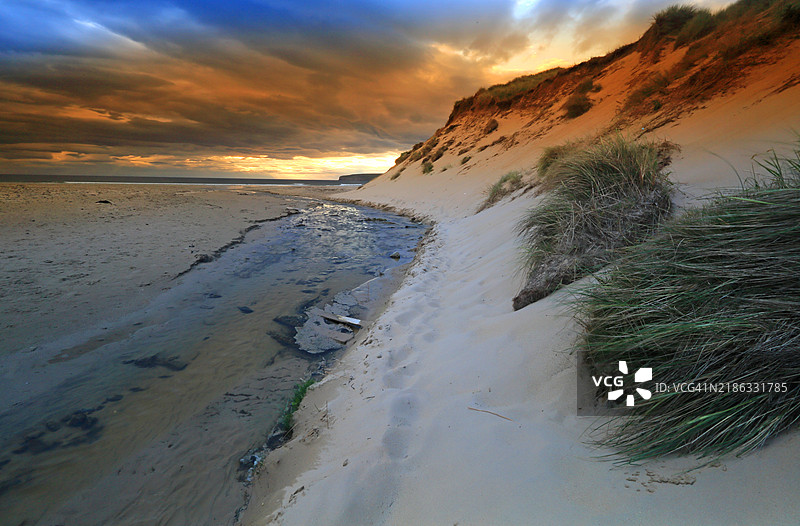 邓内湾日落，靠近瑟斯，凯瑟尼斯，苏格兰，联合王国，欧洲图片素材