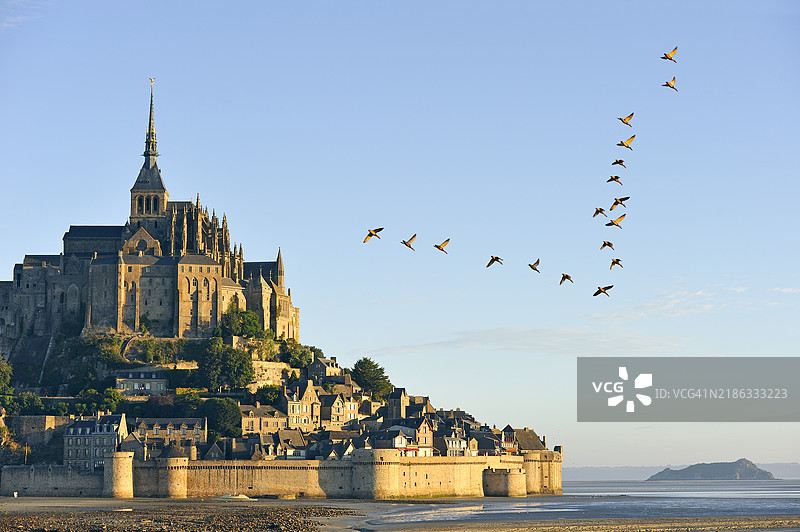 圣米歇尔山湾和修道院，联合国教科文组织世界遗产，曼什省，诺曼底地区，法国，欧洲图片素材