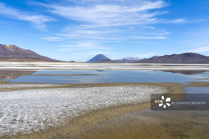 盐滩上的倒影池，远处可见埃尔米斯蒂火山和查查尼火山，萨利纳斯与阿瓜达布兰卡国家保护区，阿雷基帕省，阿雷基帕地区，秘鲁，南美洲图片素材