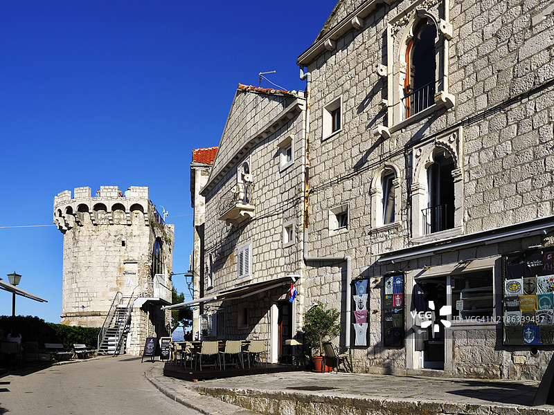 克尔库拉镇老城区的扎克雷扬塔，克罗地亚，欧洲图片素材