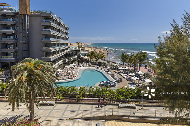 法罗酒店和马斯帕洛马斯沙丘，马斯帕洛马斯，格兰卡纳利亚，西班牙，加那利群岛，大西洋，欧洲图片素材