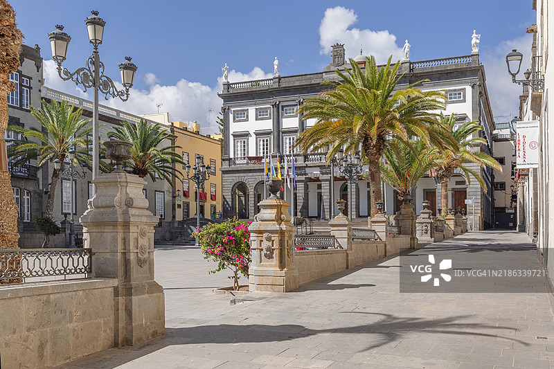 维戈塔的圣安娜广场旧市政厅，联合国教科文组织世界遗产，拉斯帕尔马斯大加那利岛，加那利群岛，西班牙，大西洋，欧洲图片素材