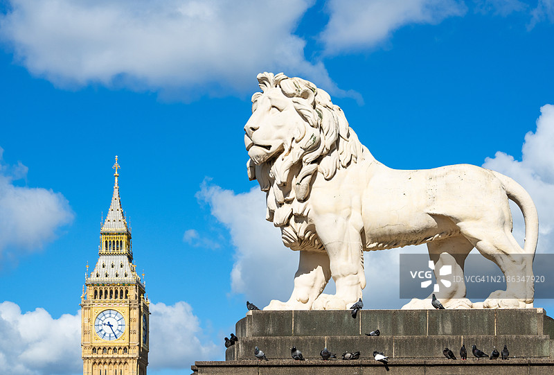 威斯敏斯特桥上的南岸狮子，铸造于1837年，背景是伦敦威斯敏斯特宫的大本钟（伊丽莎白塔），英国，欧洲图片素材