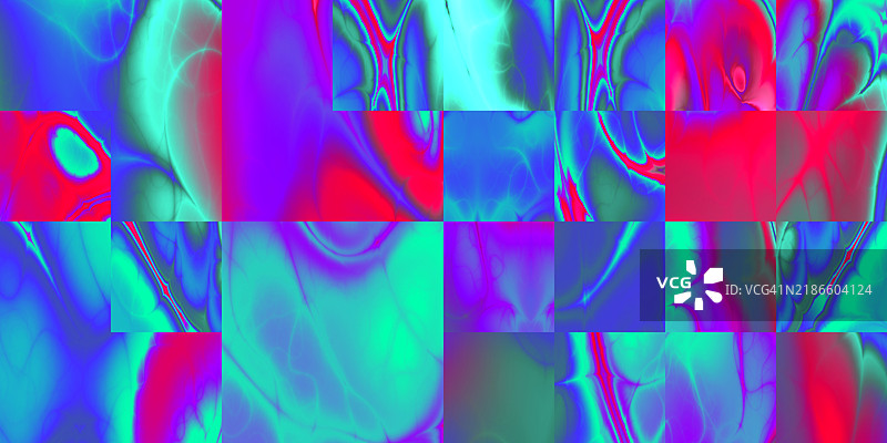 充满活力的抽象霓虹网格与流动图案。明亮的抽象设计，展示了带有霓虹色彩和流动形状的网格布局，色调包括红色、蓝色和绿色。图片素材