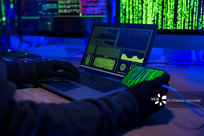 黑客戴着手套的手特写，正在将电缆连接到智能手机，强调移动安全风险的概念。图片素材