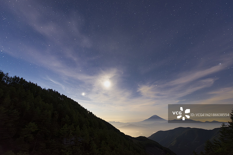 夜空中月亮下的云海与富士山图片素材