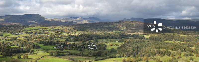 秋季霍克斯黑德周围湖区风景的全景视图。图片素材