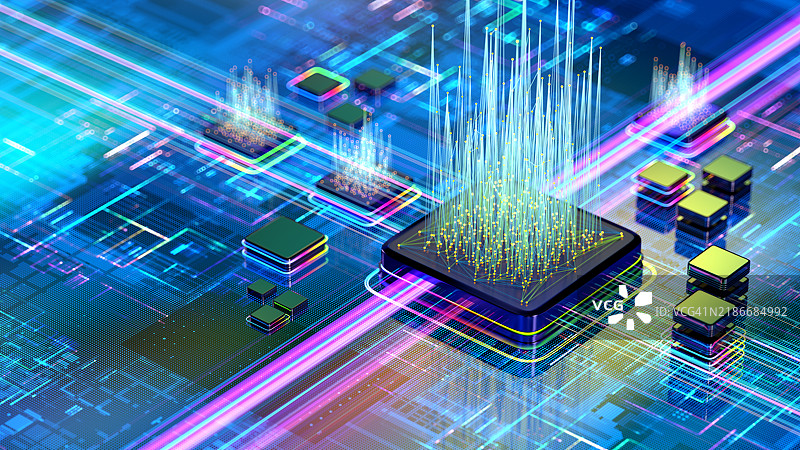 数字抽象中央处理器。人工智能概念。神经网络。机器学习概念。图片素材