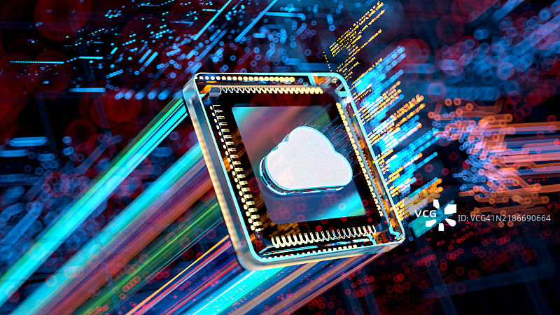 云计算标志在中央处理器上，概念数字技术背景和二进制代码。图片素材