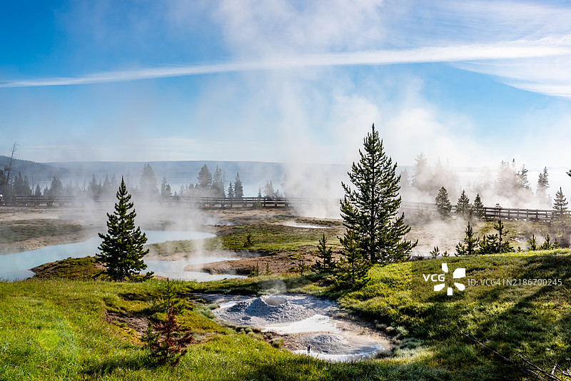 黄石国家公园，怀俄明州，美国的黄石湖和拇指间歇泉景观图片素材