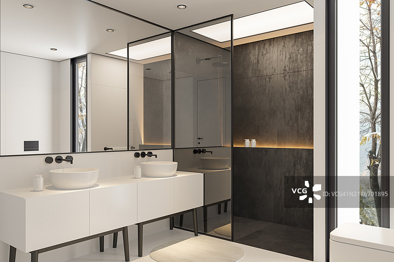 现代简约风格的浴室，黑色石墙与白色地板相结合图片素材