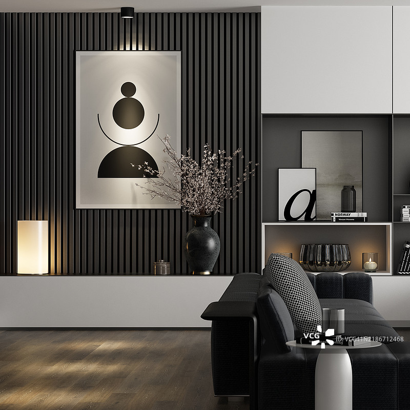 现代客厅，配有L形黑色沙发、硬木地板和时尚的书架图片素材