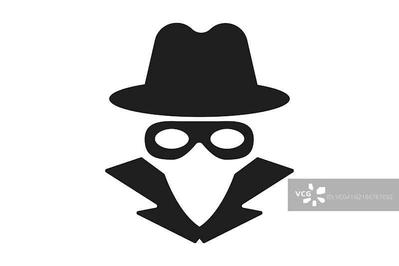隐秘图标，神秘的秘密间谍或侦探剪影，戴帽子、眼镜或面具的人物。匿名的隐形角色形象。矢量插图。图片素材