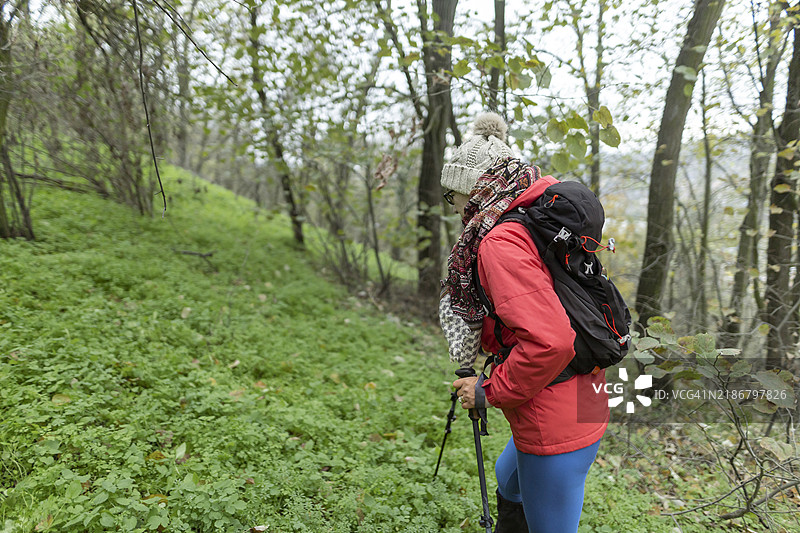 成熟的女性使用登山杖攀登到顶峰图片素材