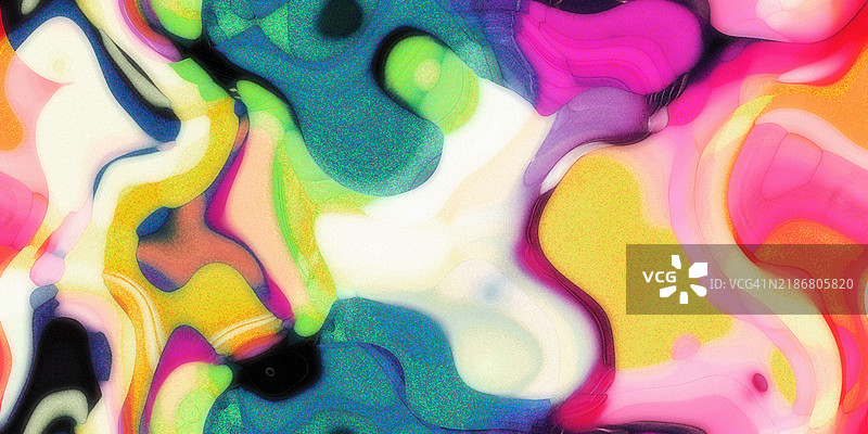 色彩斑斓的抽象流体形状，带有复古颗粒质感。生动的抽象构图，展现流动的多彩形状，结合复古风格的颗粒质感，创造出动态而富有艺术感的视觉设计。图片素材
