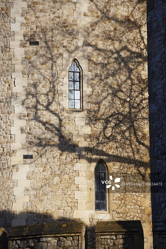 冬季树木的影子映照在伦敦塔上，英格兰，英国图片素材