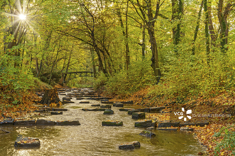 德国明登秋季的流动巴斯陶和阳光下的斜坡图片素材