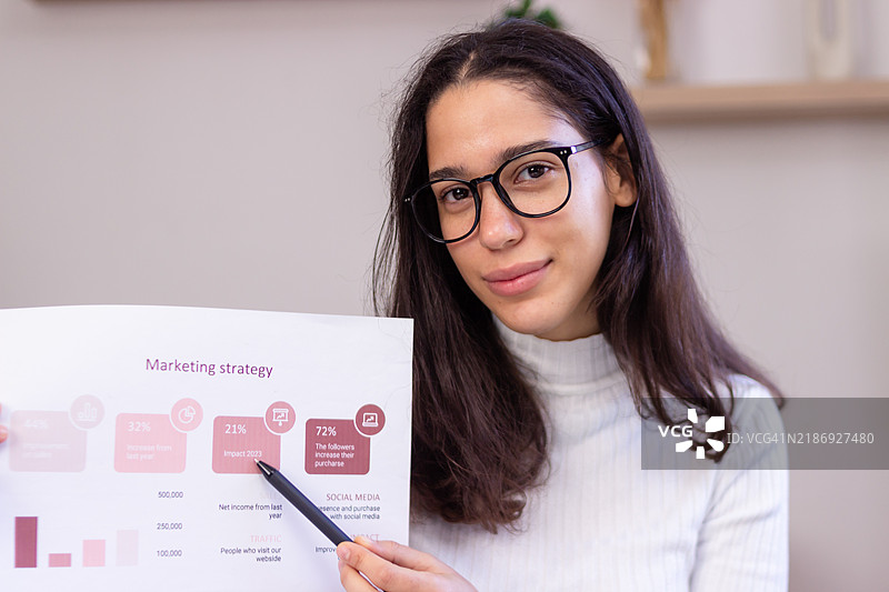 年轻女商人指着演示中的市场策略信息图表图片素材