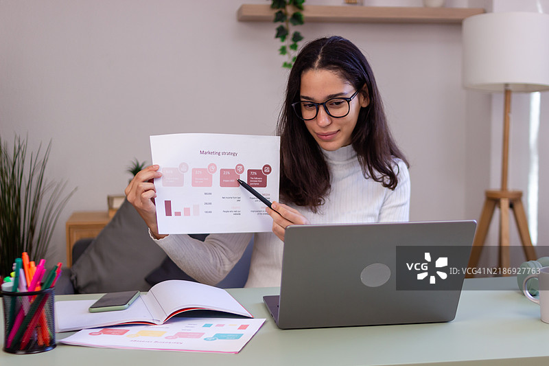 年轻女商人在视频通话中展示营销策略图片素材