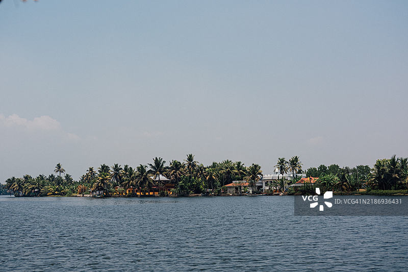喀拉拉邦后水域的风景图，河流、棕榈树和小船。图片素材