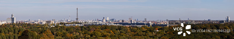 柏林城市天际线全景，包含电视塔（Fernsehturm）和广播塔（Funkturm）图片素材