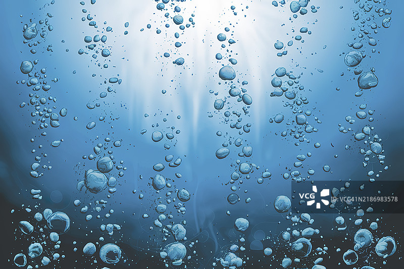 一幅宁静而动感的图像，背景为生动的蓝色，许多不同大小的气泡向上漂浮。图片素材