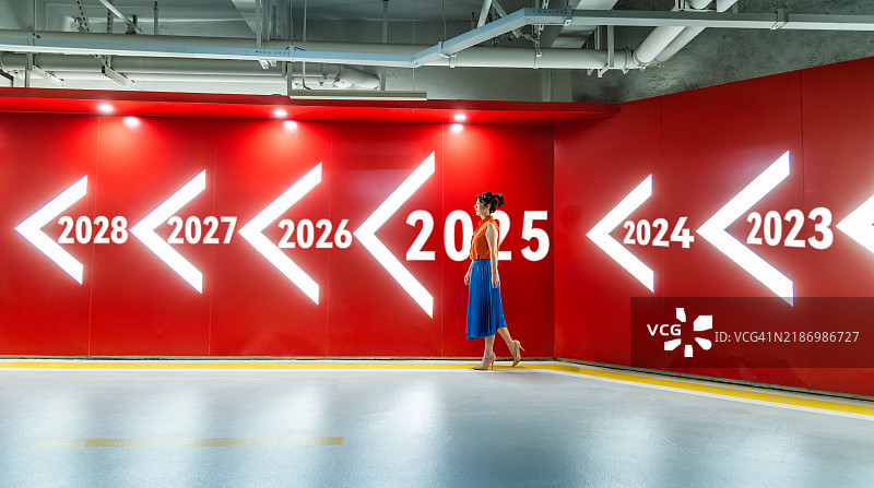 年轻女性走向2024、2025、2026，迈向2027和2028，迎接新年概念图片素材