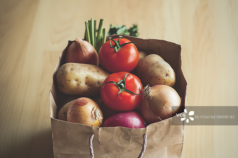 一个装有西红柿和土豆的纸袋的照片图片素材