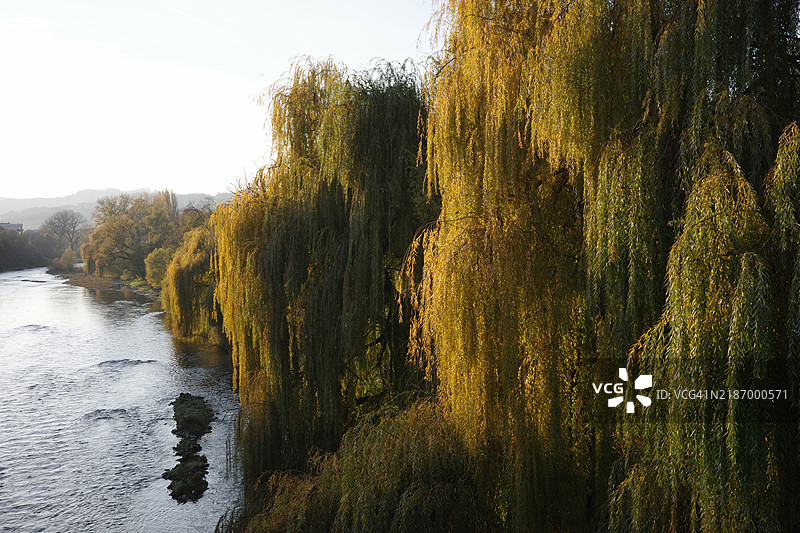 树木环绕的河流美景，映衬着天空，巴尼亚卢卡，塞尔维亚共和国，波斯尼亚和黑塞哥维那图片素材