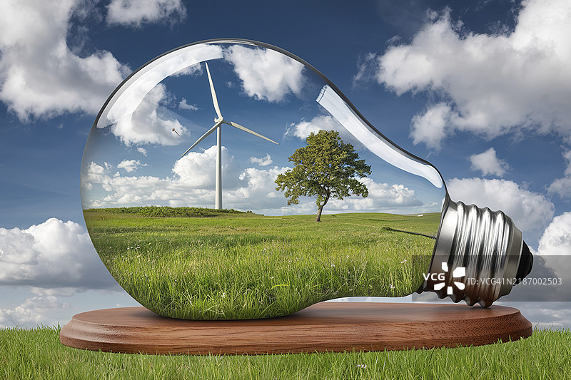 一个大型玻璃灯泡内含有草地景观、风力发电机、一棵孤独的树和多云的天空背景图片素材