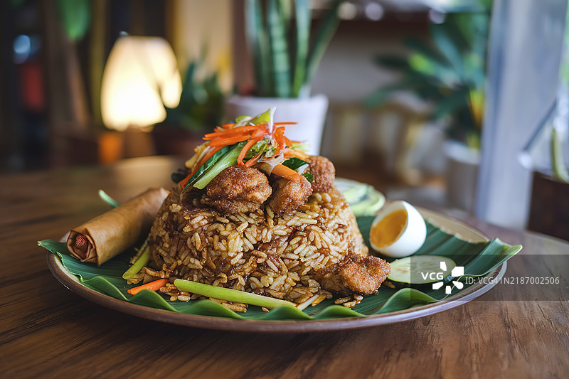 一盘传统印尼炒饭，配有鸡肉、蔬菜和调味品，摆放在木桌上。图片素材