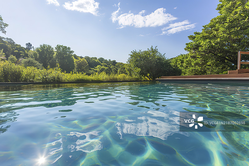 清澈的蓝色泳池，阳光在水面上美丽地反射图片素材