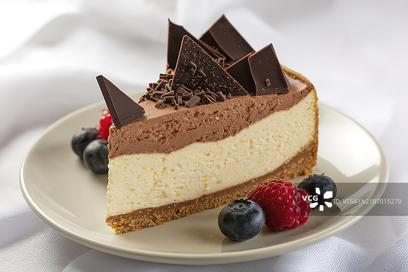 一片奶酪蛋糕，上面覆盖着巧克力奶油。图片素材