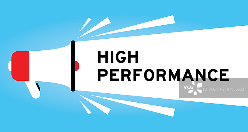 蓝色背景上带有白色横幅的彩色扩音器图标，横幅上写着“高性能”图片素材