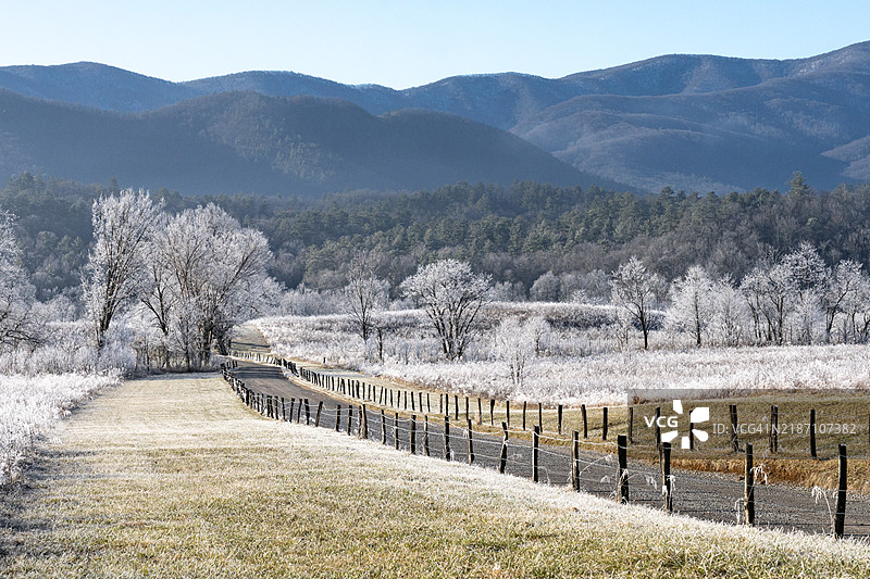 冬日霜冻山谷中的乡间小路图片素材