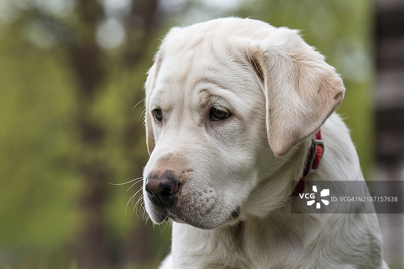 一只表情忧伤的白色拉布拉多幼犬，坐在户外，背景是模糊的绿色。图片素材