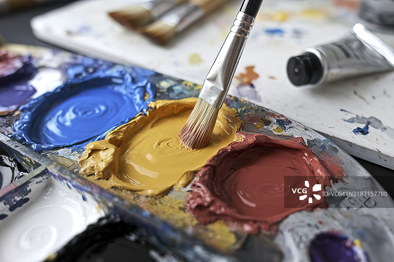 一个装有油画颜料的调色板图片素材