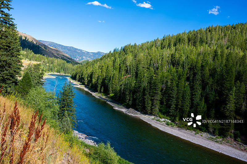 密西西比州杰克逊市的树木间河流的美丽景色与天空相映成趣图片素材