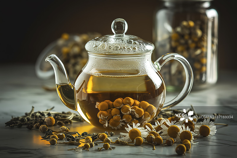 一张装满金色洋甘菊茶的玻璃茶壶的照片图片素材