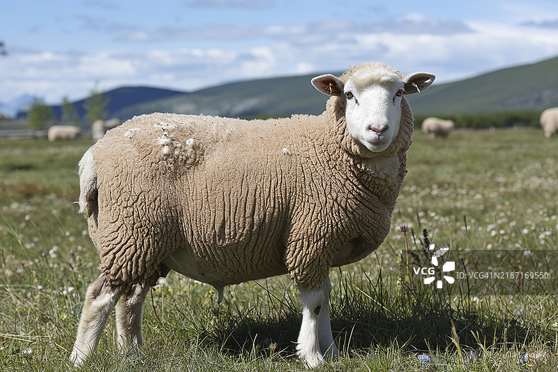 一只毛茸茸的棕色羊站在草地上图片素材