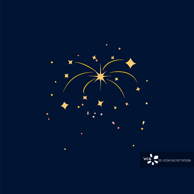 闪亮的烟花爆炸，矢量卡通风格的烟花绽放，伴有金色星星和火花，节日蓝色背景图片素材