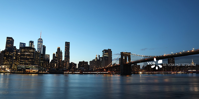 纽约市曼哈顿金融区的天际线与布鲁克林大桥夜景图片素材