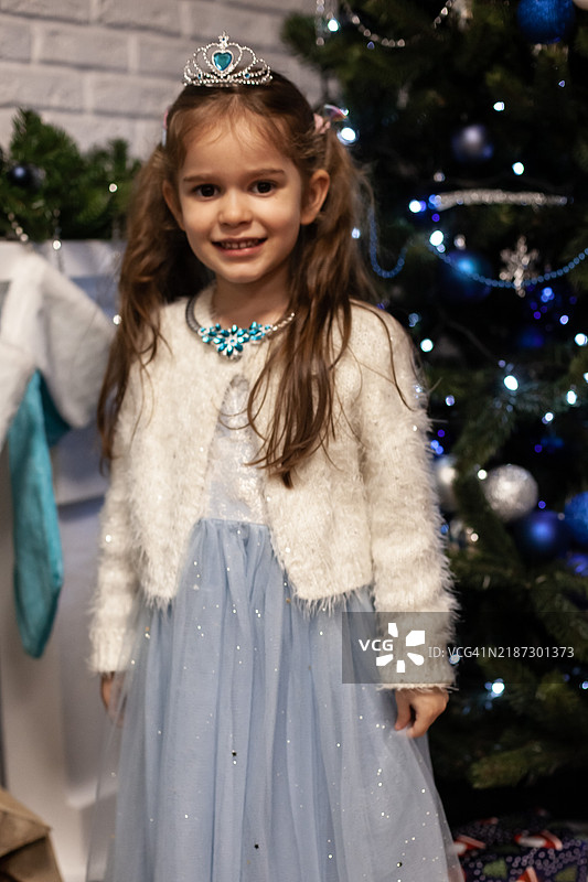 一个3到4岁的小女孩穿着美丽的蓬松蓝色裙子，戴着皇冠，背景是一棵圣诞树。图片素材