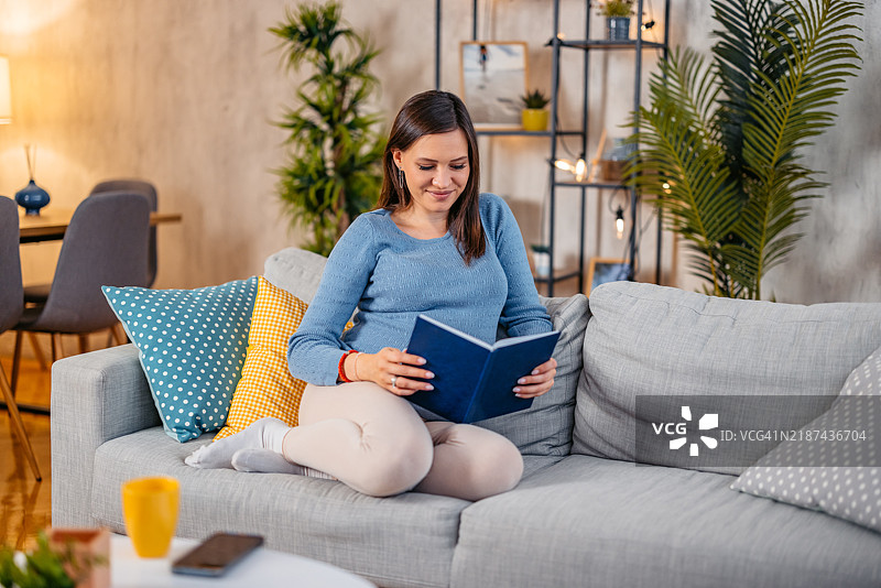 年轻孕妇在客厅里阅读一本书图片素材