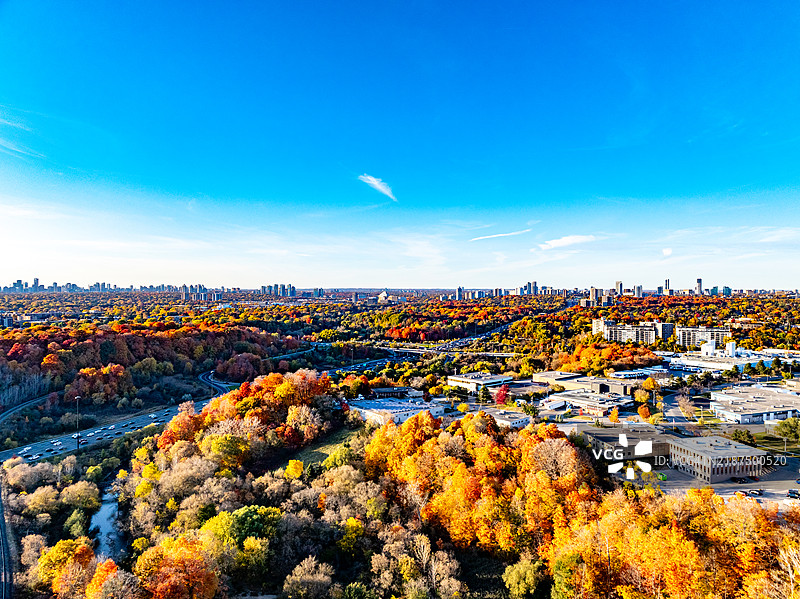 多伦多，加拿大，秋季的东唐河小径、唐河和罗斯代尔的航拍景观图片素材
