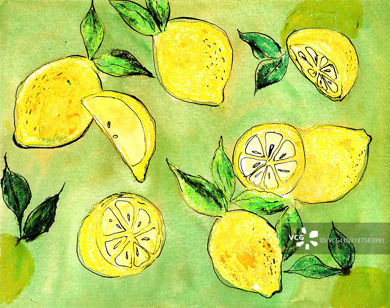 水彩画的黄色柠檬与叶子图片素材