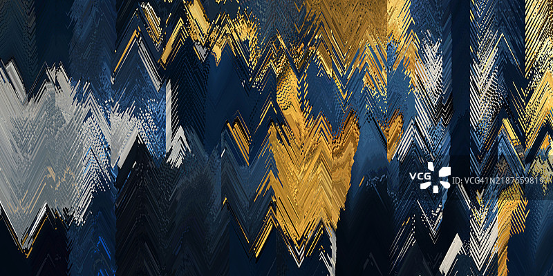 金色和蓝色调的抽象锯齿图案。一个引人注目的抽象设计，包含海军蓝、金色和白色的锯齿图案。纹理笔触和丰富的色调为作品增添了深度和奢华感。图片素材